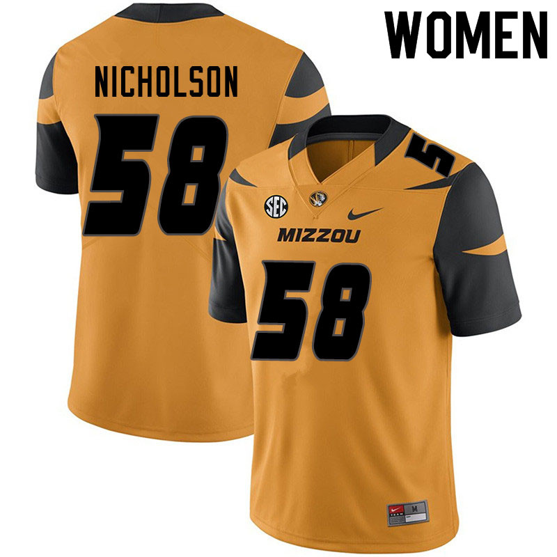 Women #58 Devin Nicholson Missouri Tigers College Football Jerseys Sale-Yellow
